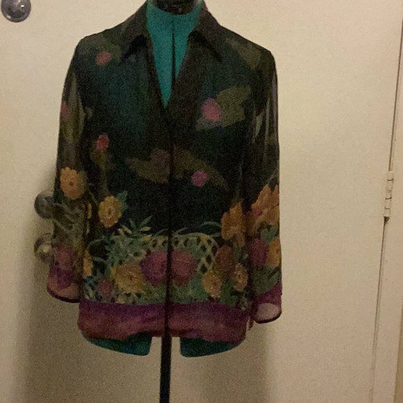 unbranded Tops - Womens Semi Sheer Silk Blouse Black Floral w/clear beads Unbranded